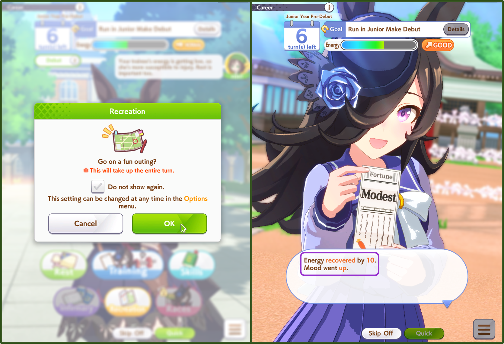 Image montrant une sortie avec Rice Shower, dans un temple, où elle a tiré une fortune "modeste"