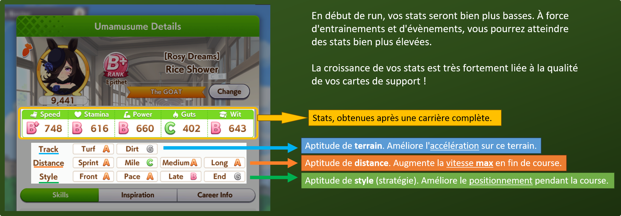 Image montrant une build terminée de Rice Shower, avec une mise en valeur de ses stats et aptitudes, pour illustre l'utilité de chaque aptitude