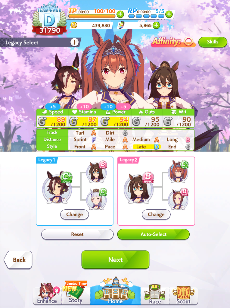 Écran de séléction des Legacies sur Umamusume avec Vodka et El Condor Pasa de sélectionnées.