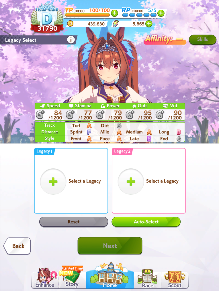 Écran de séléction des Legacies sur Umamusume avec aucune legacy de sélectionnée