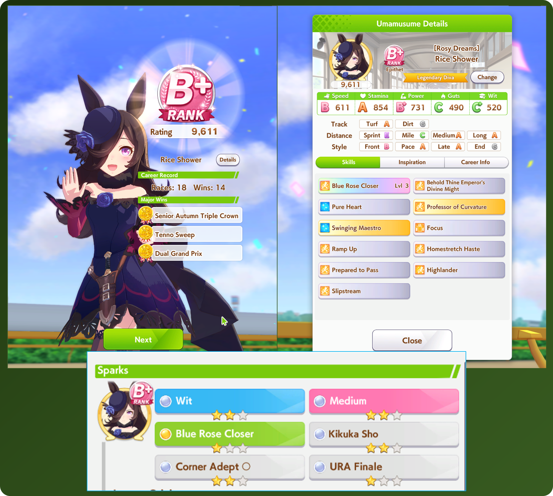 Résultats finaux de ma carrières, avec la note de ma Rice Shower, le nombre de courses auxquelles elle a participé, ses skills, ses stats, et en bas ses sparks d'inspiration