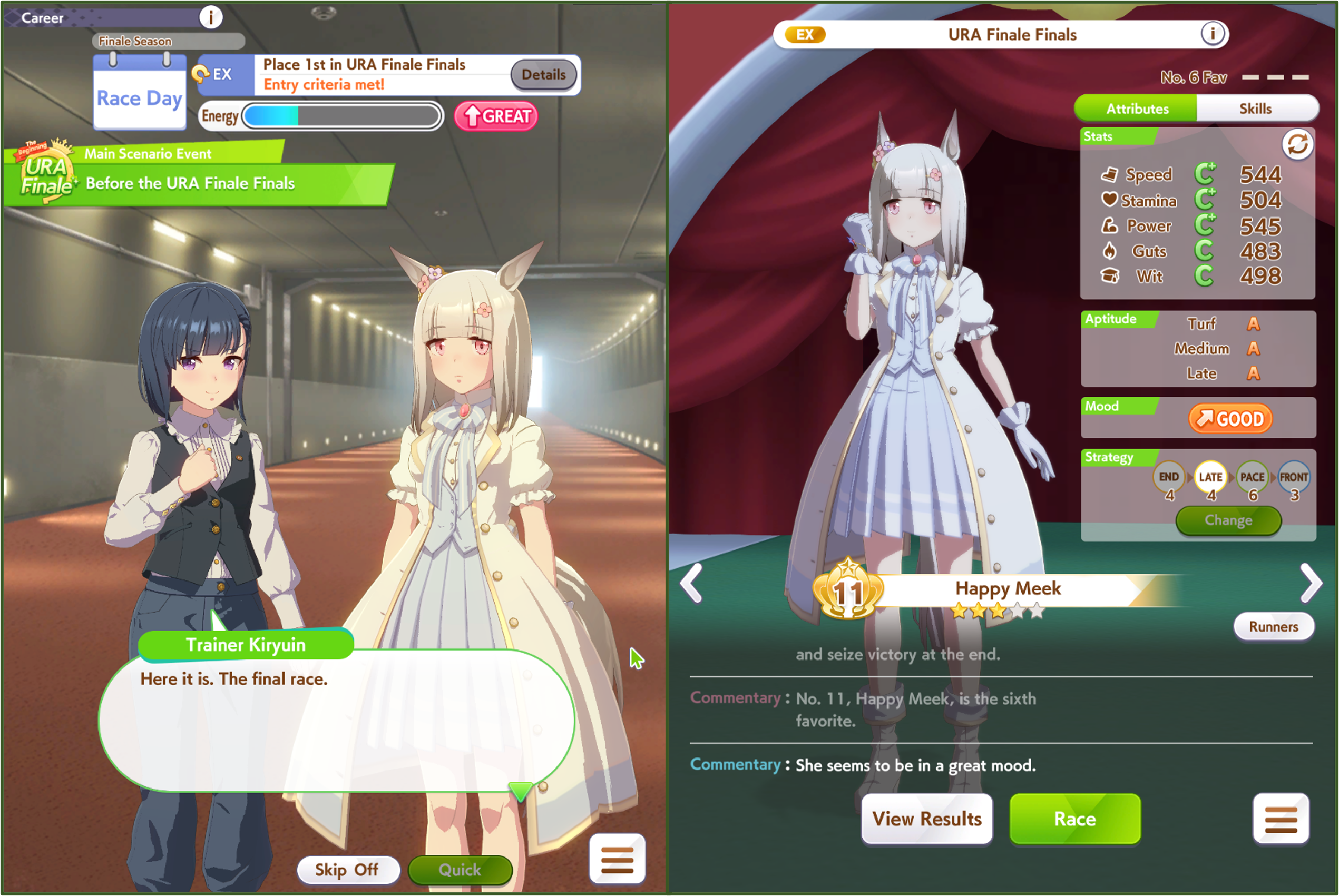 À gauche, Happy Meek et son entraineuse -Aoi Kiryuin-, en préparation pour la dernière course ; à droite, Happy Meek est sur le paddock et on voit ses stats et aptitudes